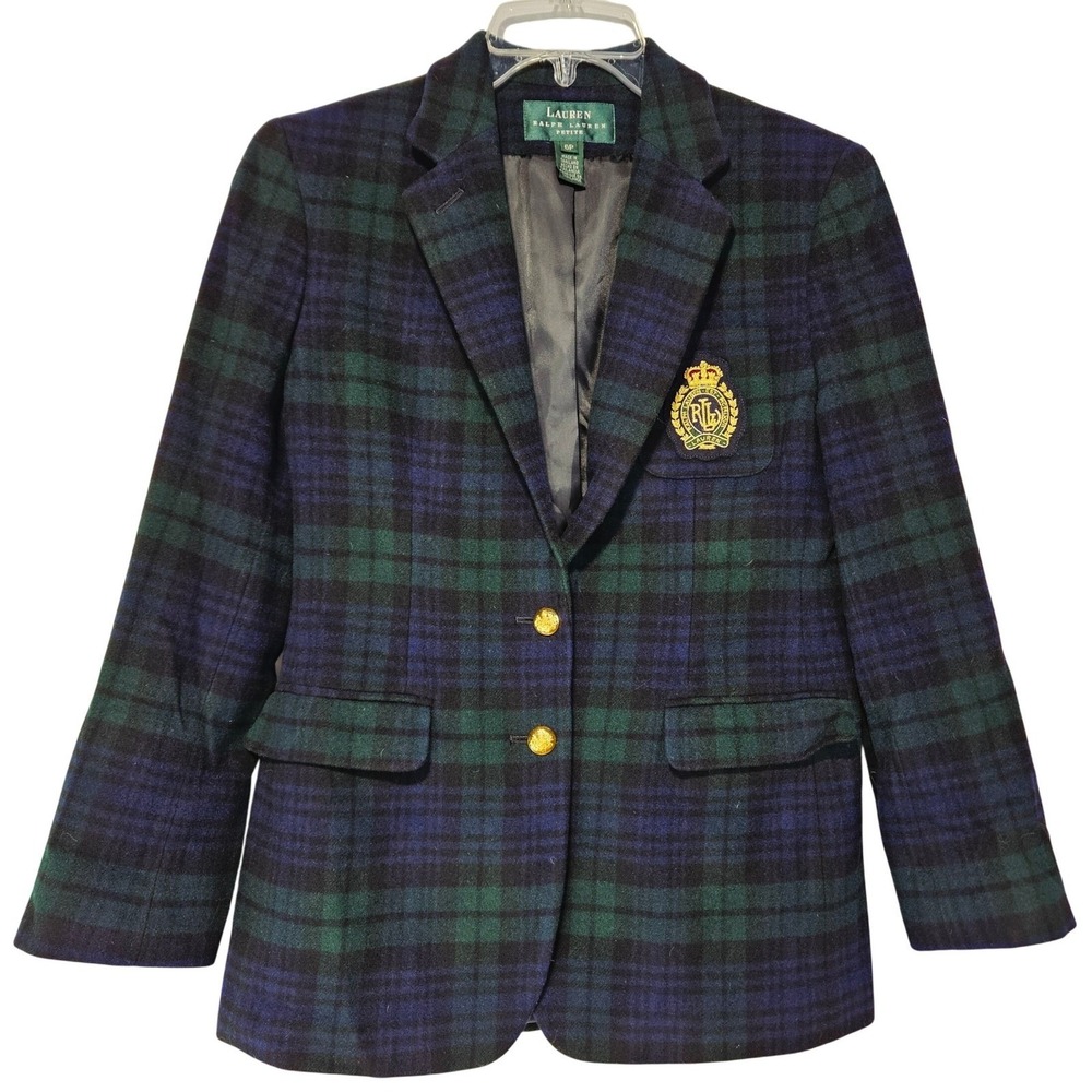Lauren Ralph Lauren Women Blazer 6P‎ Green Navy Plaid Cashmere Wool Crest Preppy